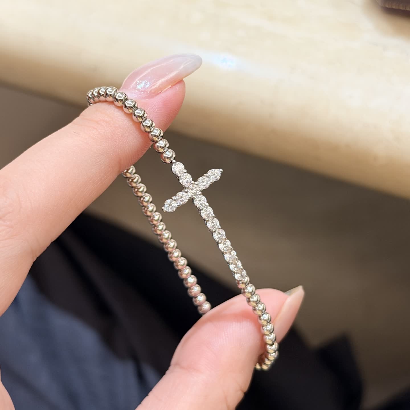 Chrome Hearts Silver Beaded Bracelet with Cross Charm